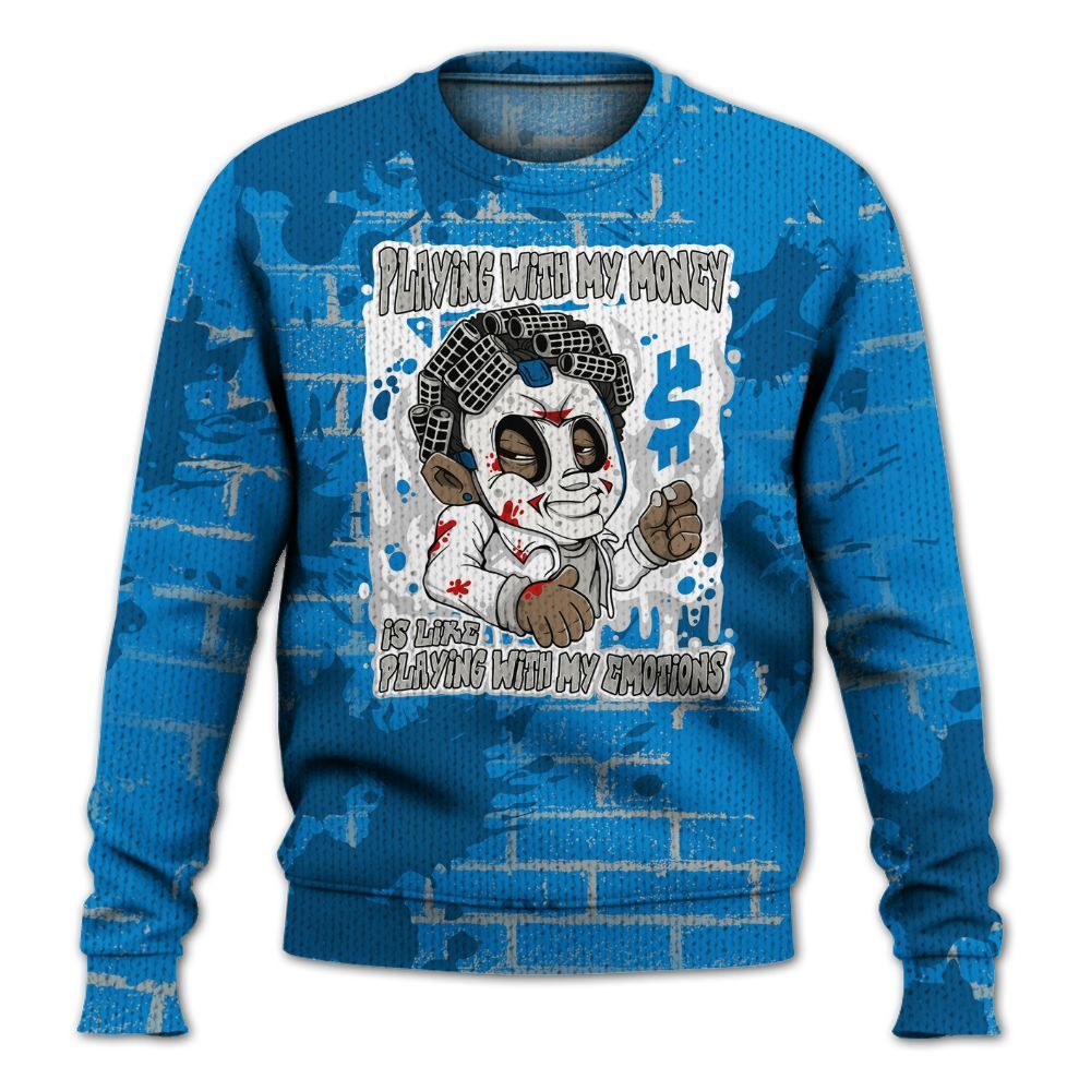 Knitted Sweater To Match Military Blue 4s - Playing With My Money Graphic Halloween