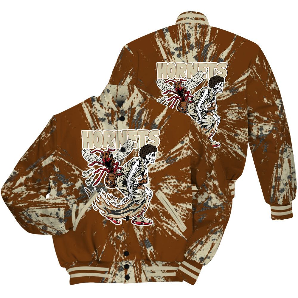 Varsity Jacket To Match Archaeo Brown 5s Shirt - Hornets Skeleton Luxury All Over Print