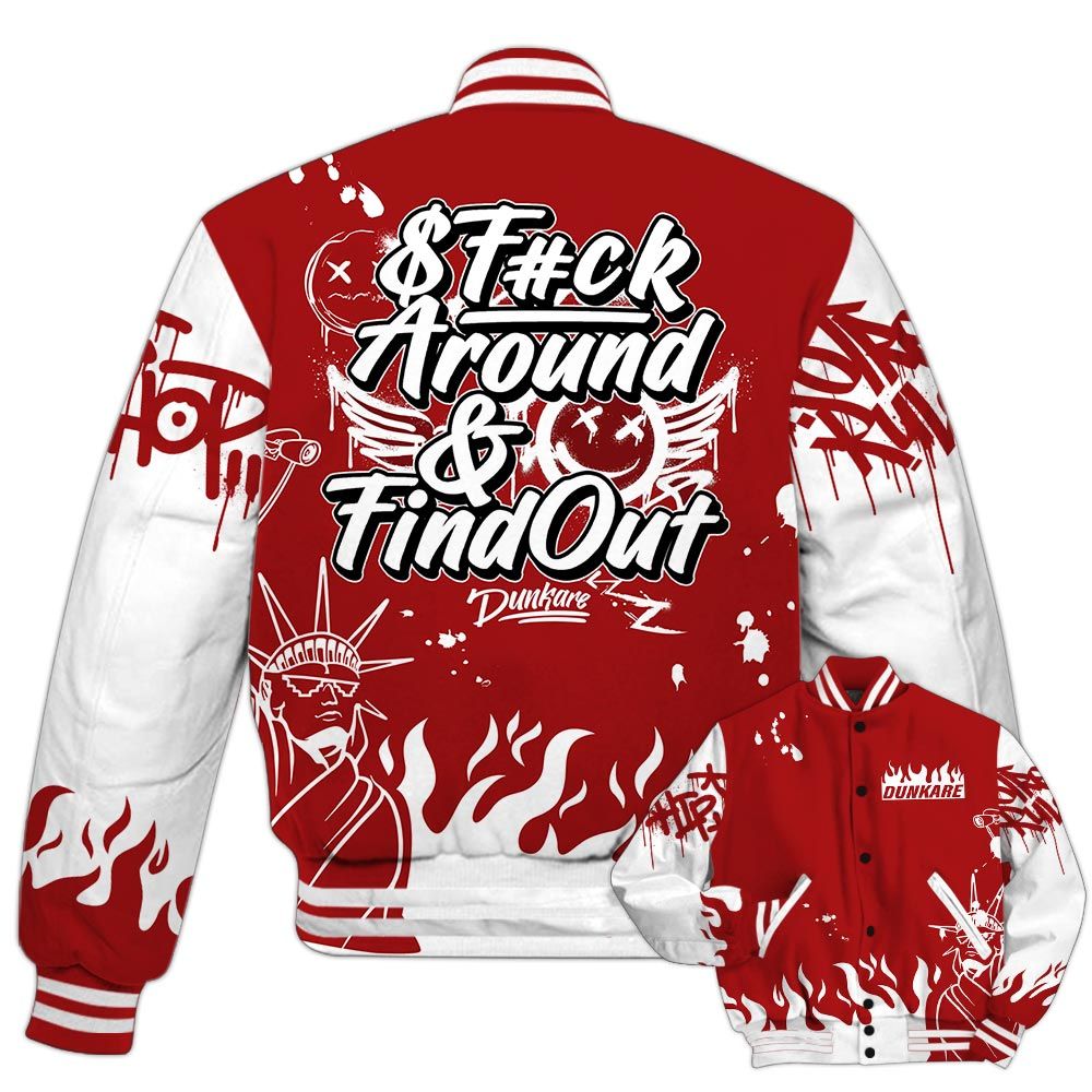 Varsity Jacket To Match Red Taxi 12s - Graphic Fck Around Find Out Varsity Jacket Red Taxi 12s Outfit