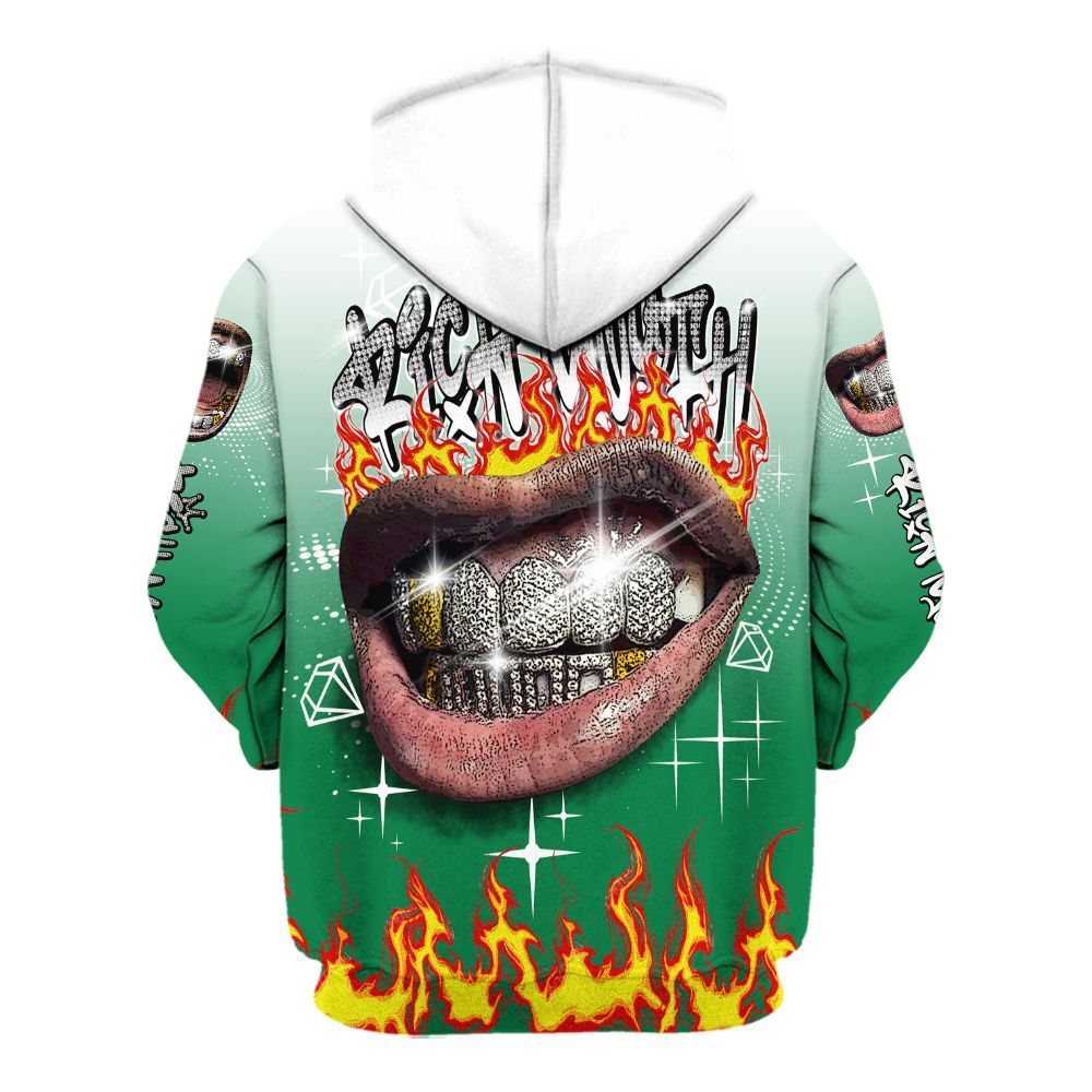 Hoodie To Match Pine Green 13s - Rich Mouth Fire Rap Retro 90s All Over Print
