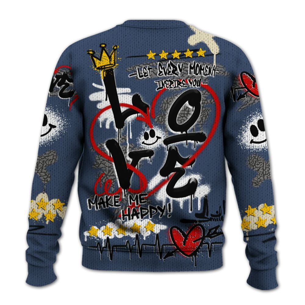 Knitted Sweater To Match Diffused Blue 3s - Happy Love Beats Graffiti Streetwear