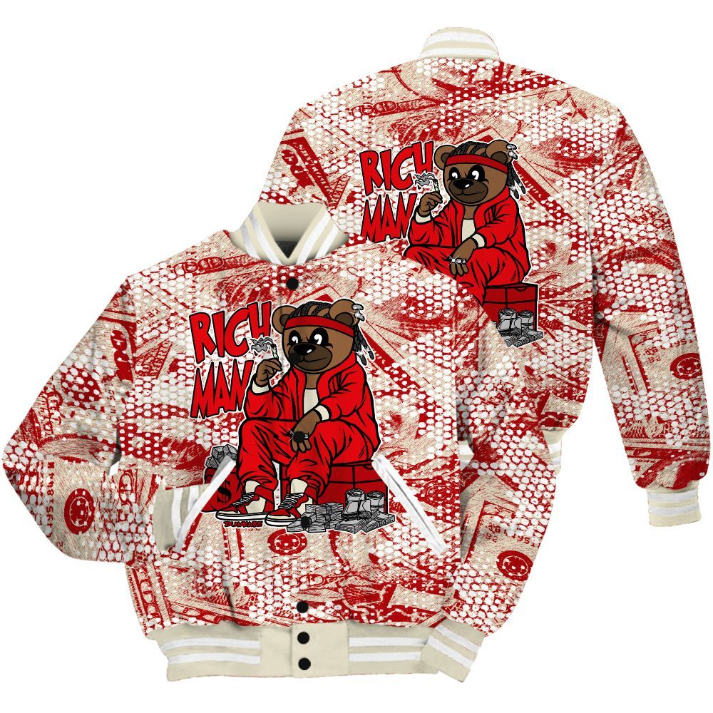 Varsity Jacket To Match Cement Grey 3s Shirt - Rich Man Bear Banknotes Art All Over Print