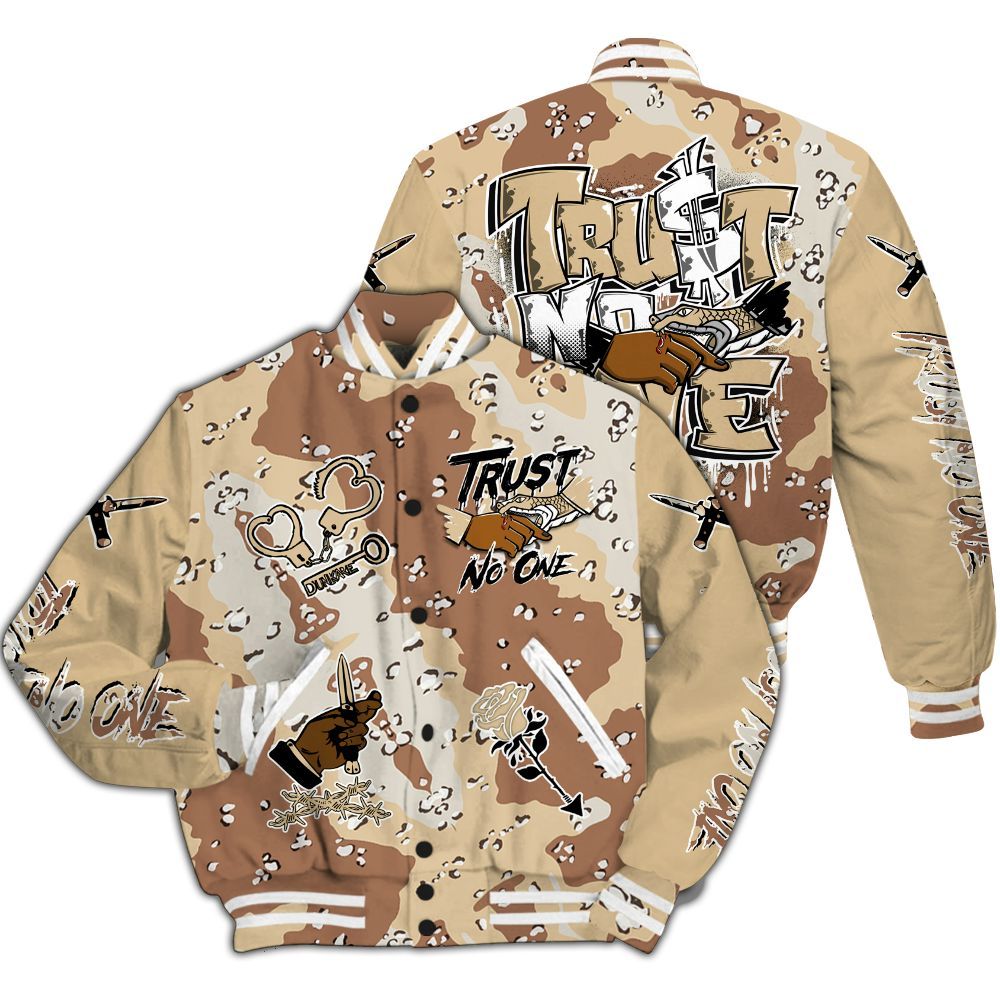 Varsity Jacket To Match Desert Camo 3s - Trust No One Dripping All Over Print