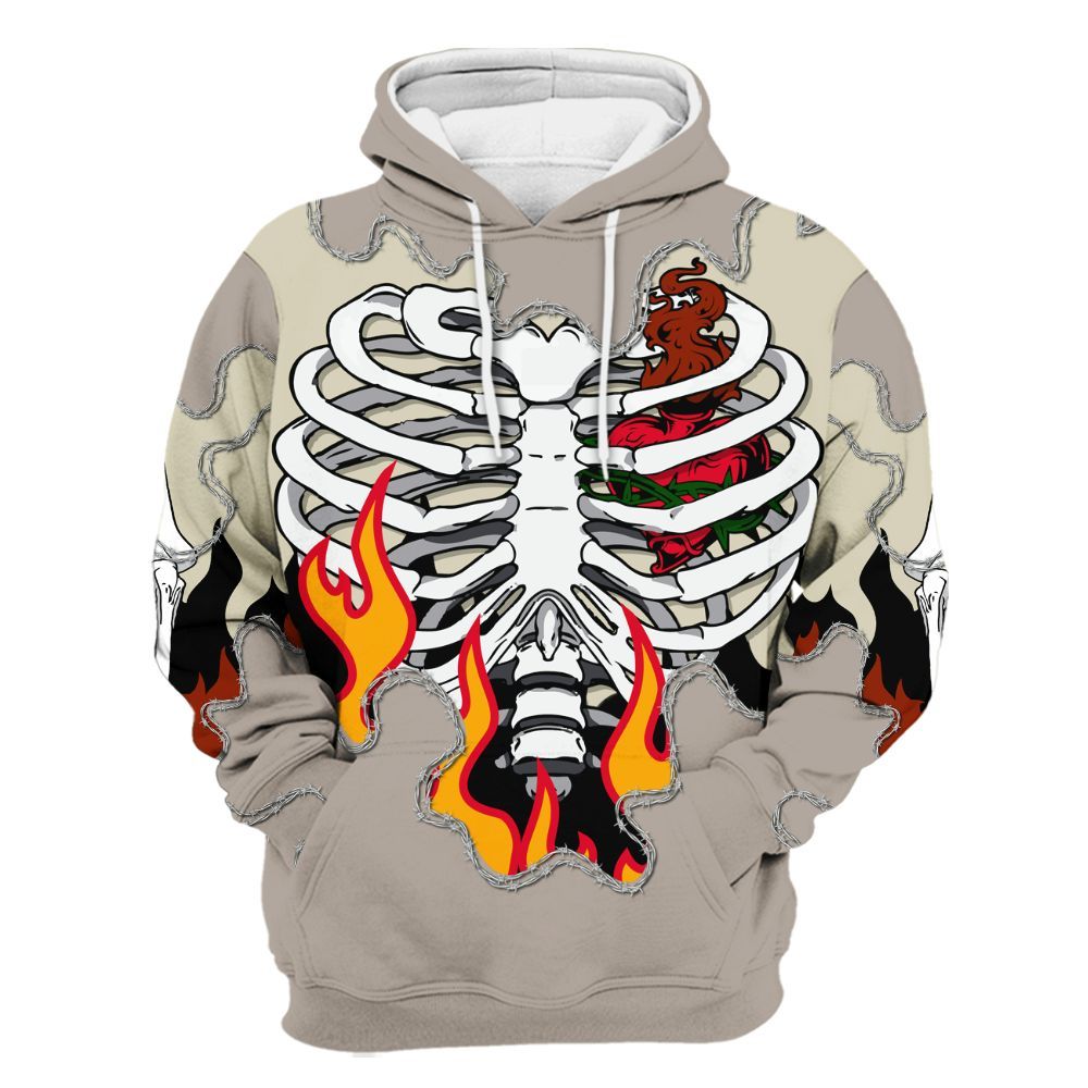 Hoodie To Match El Grito 5s - Skeleton Heart On Fire All Over Print