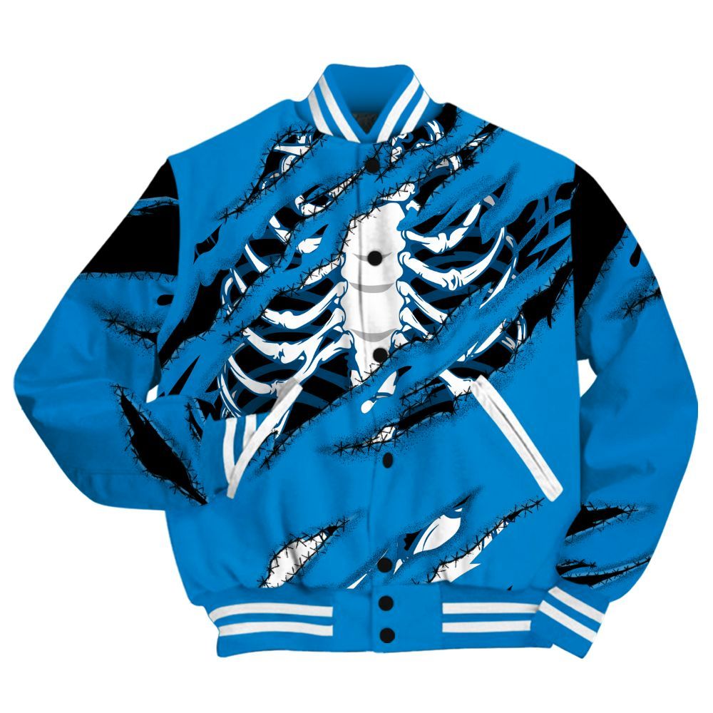 Varsity Jacket To Match Industrial Blue 4s Shirt, GOT 'EM Skeleton Scratch Military Blue 4s All Over Print