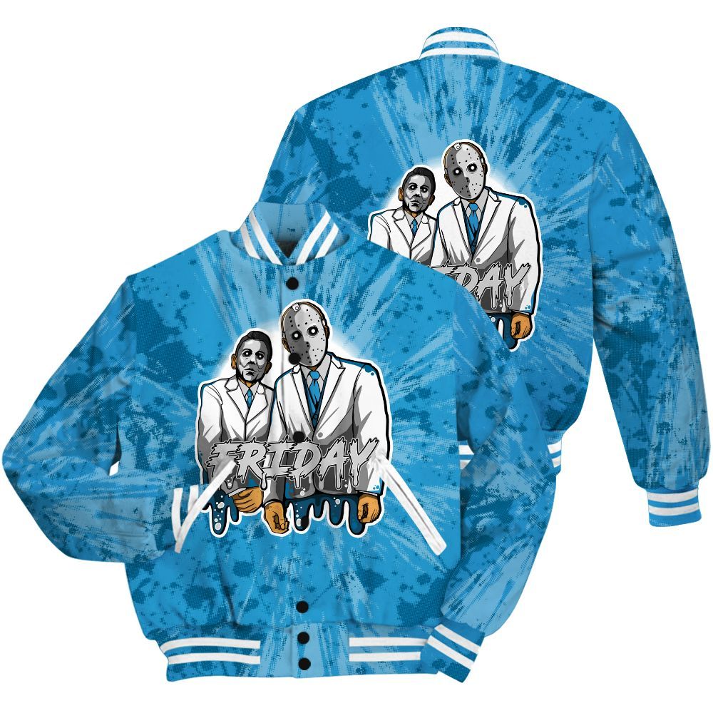 Varsity Jacket To Match Powder Blue 9s Shirt - Friday Halloween Graphic Luxury All Over Print