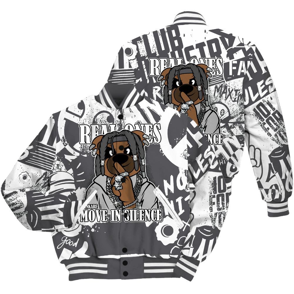 Varsity Jacket To Match White Thunder 4s Shirt - Silent Achievers Bear Monogram Graffiti All Over Print