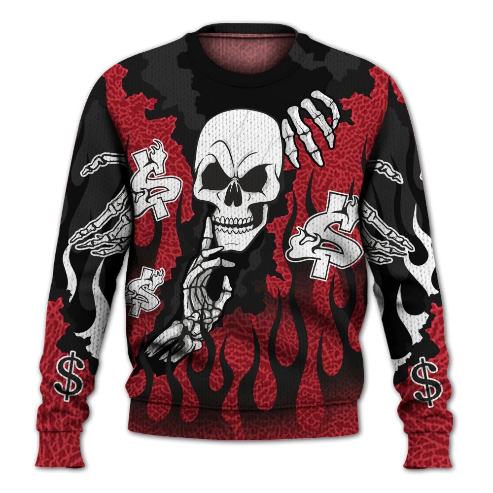 Knitted Sweater To Match High OG Varsity Red 1s - Ones Move In Silence Graphic Trapped