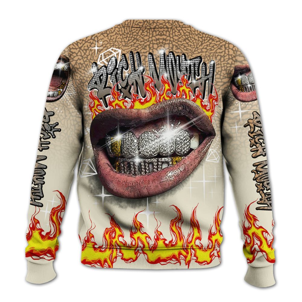 Sweatshirt To Match Orewood Brown 3s - Rich Mouth Fire Rap Retro 90s All Over Print