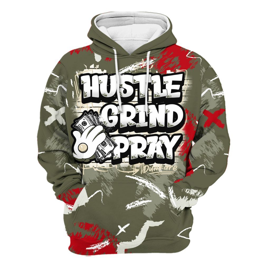 Hoodie To Match Low OG Medium Olive 1s - Hustle Grind Pray Retro All Over Print