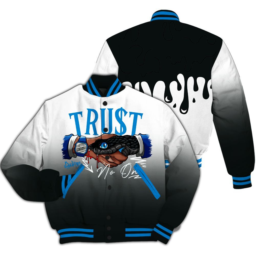 Varsity Jacket To Match High OG FragmentxULA White Black 1s - Trust No One Drip All Over Print