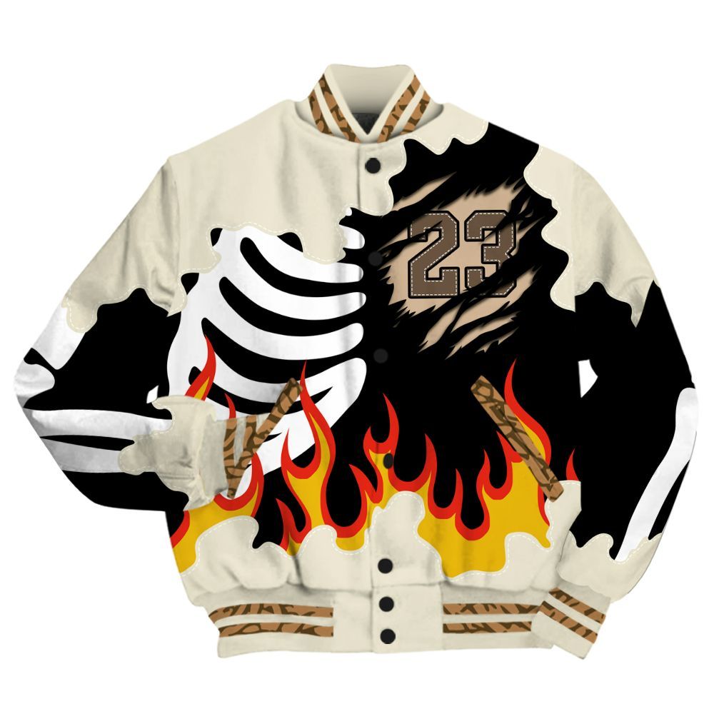 Varsity Jacket To Match Orewood Brown 3s - Burning Skeleton 23 G.O.A.T All Over Print