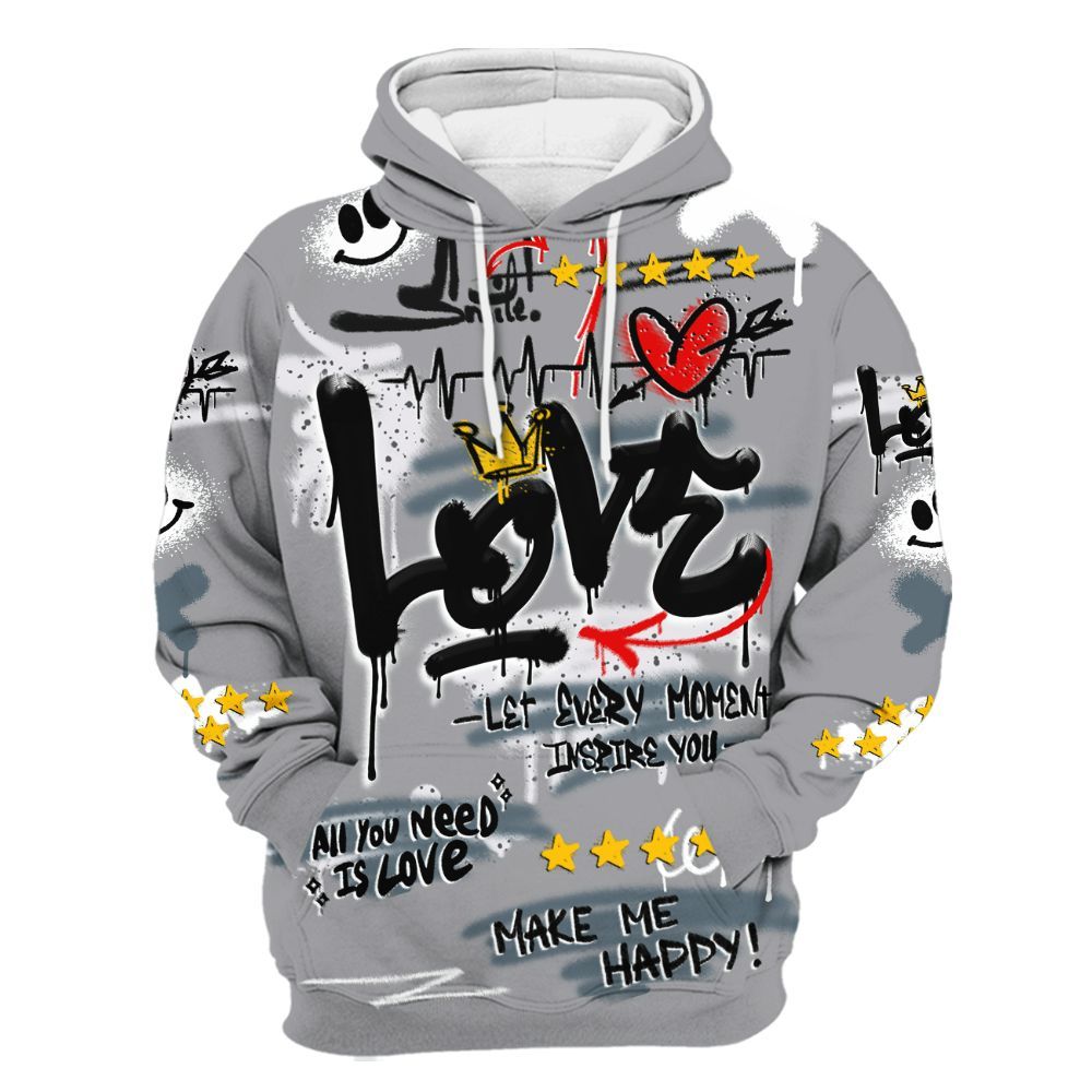 Hoodie To Match Retro Light Graphite Wolf Grey 5s - Happy Love Beats Graffiti Streetwear All Over Print