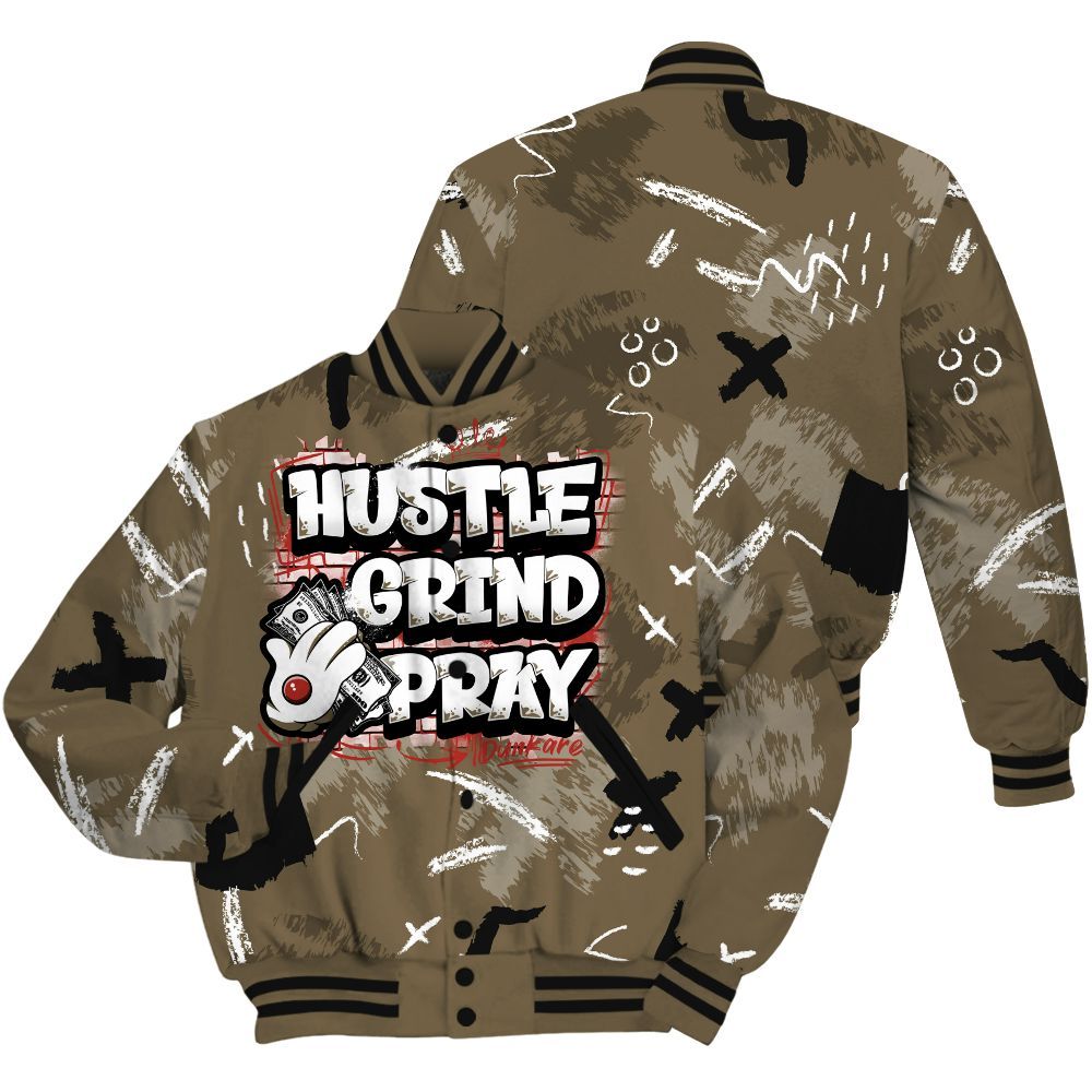 Varsity Jacket To Match Olive 9s - Hustle Grind Pray Retro All Over Print