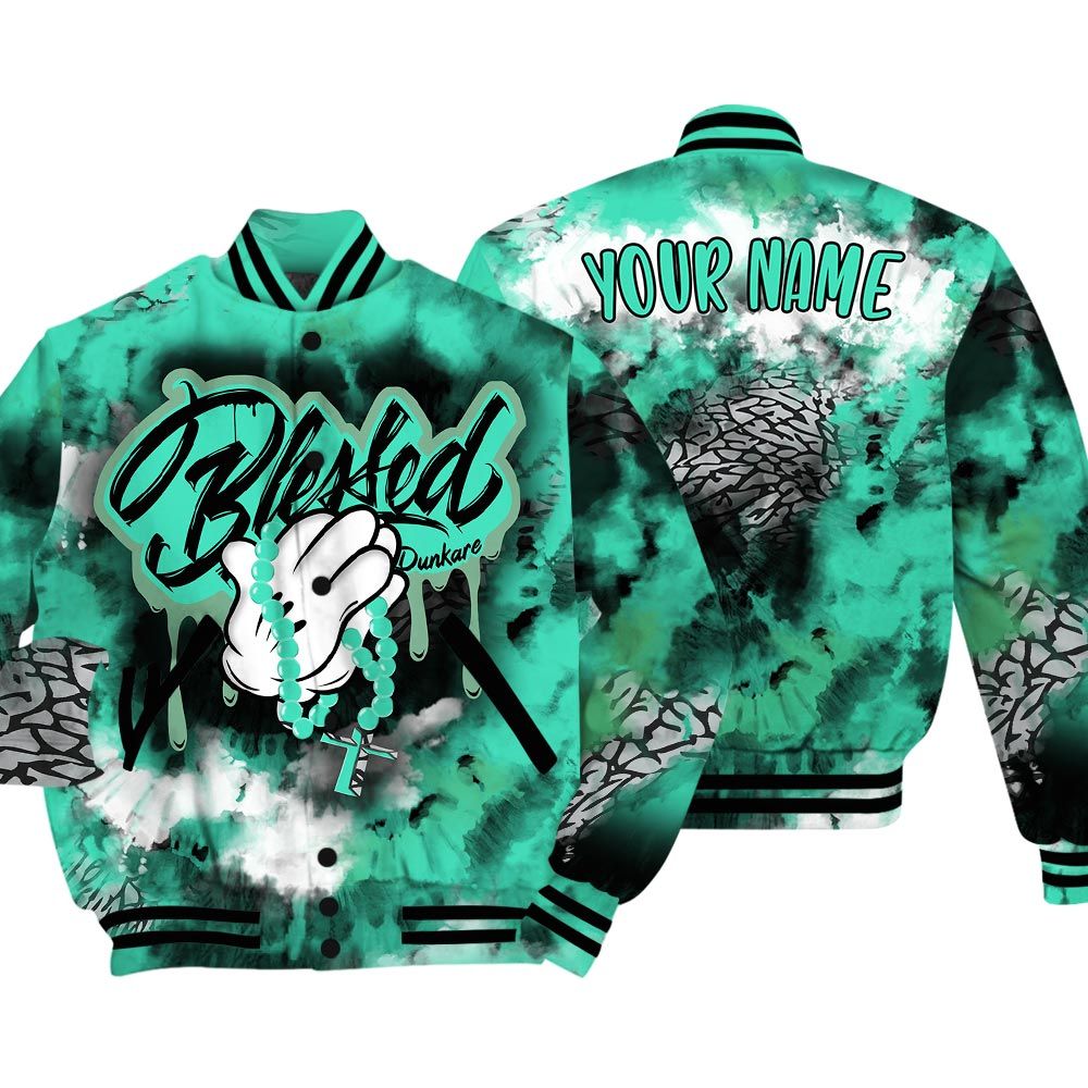 Custom Name Varsity Jacket To Match Varsity Streetwear God Blessed Drip Tie Dye, 3 Green Glow T-Shirt, To Sneaker Black Green Glow 3s Baseball Varsity Jacket 1704 NCT