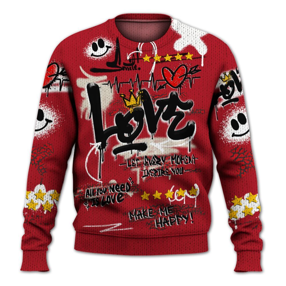 Sweater To Match Mid Red Cracked Leather 1s - Happy Love Beats Graffiti Graphic