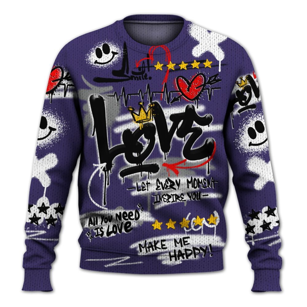 Knitted Sweater To Match Retro Court Purple 13s - Happy Love Beats Graffiti Streetwear