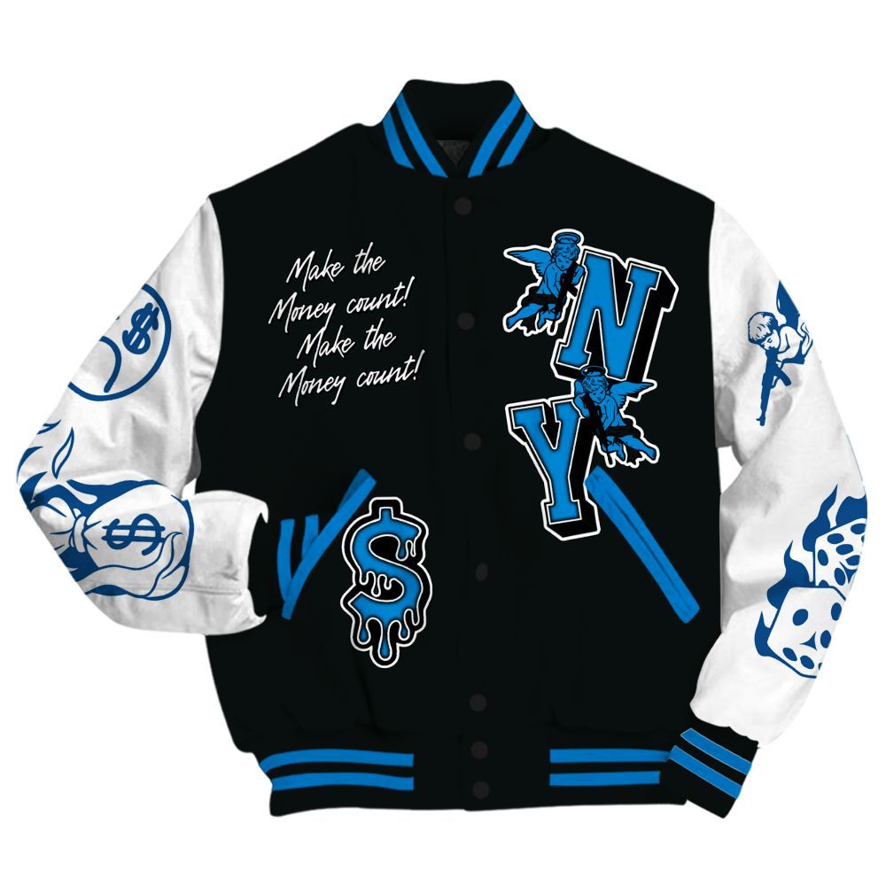 Varsity Jacket To Match High OG FragmentxULA White Black 1s - Paid In Full Money Graphic Varsity Jacket All Over Print
