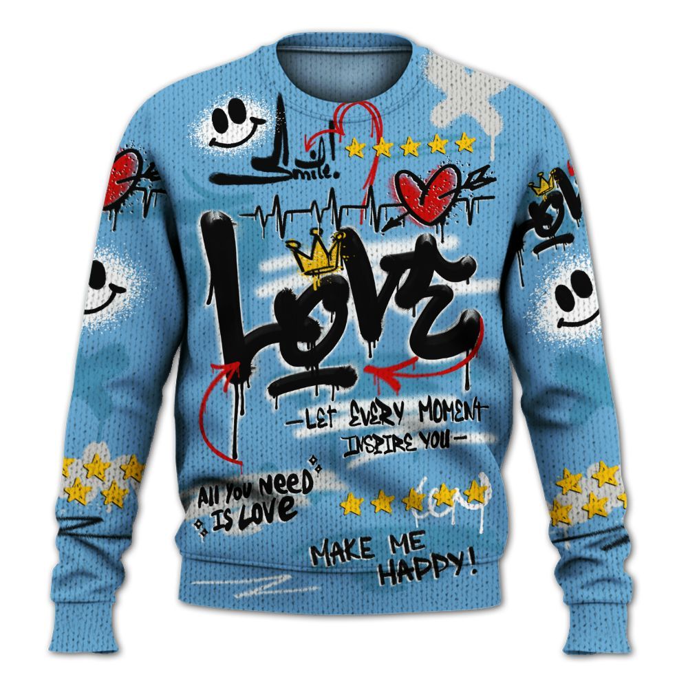 Knitted Sweater To Match SB Dunk Low University Blue - Happy Love Beats Graffiti Streetwear