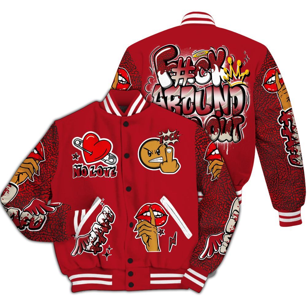Varsity Jacket To Match Mid Red Cracked Leather 1s - FK Around Find Out All Over Print