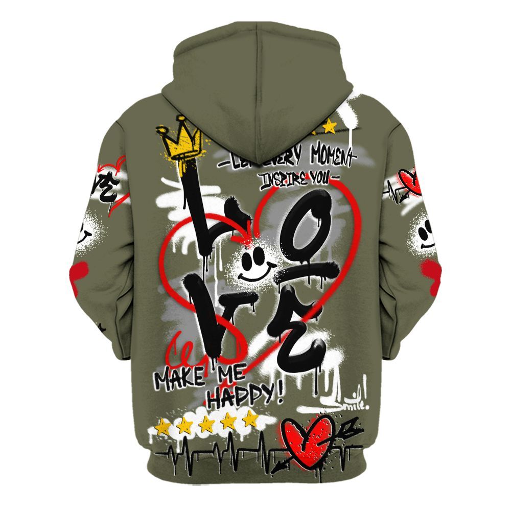 Hoodie To Match Low OG Medium Olive 1s - Happy Love Beats Graffiti Streetwear All Over Print