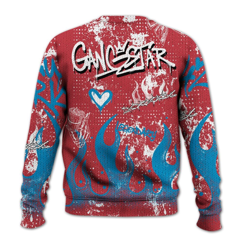 Knitted Sweater To Match High OG University Red Dark Powder Blue 1s - Lucky Money Paid In Full Graffiti