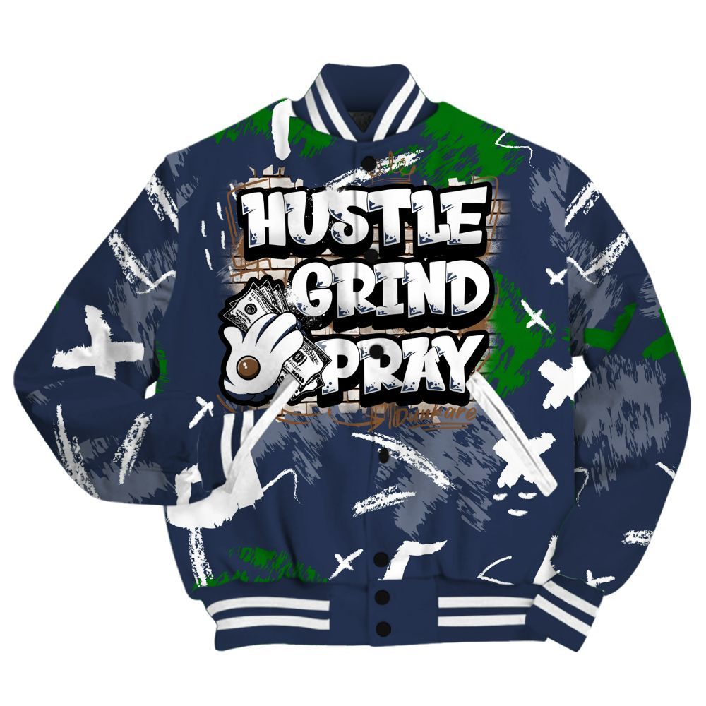 Varsity Jacket To Match Midnight Navy 13s - Hustle Grind Pray Retro All Over Print