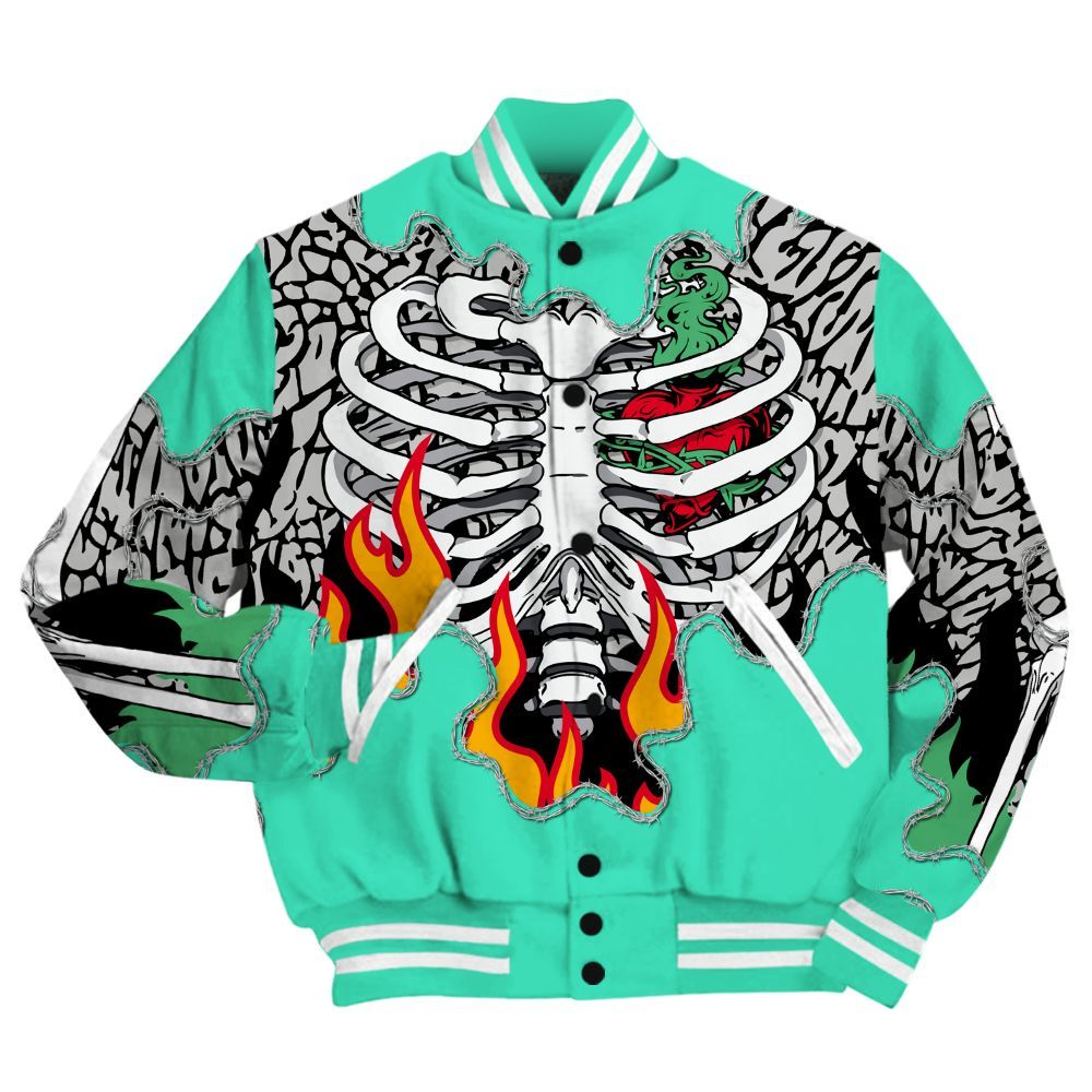 Varsity Jacket To Match Black Green Glow 3s Shirt, Skeleton Heart On Fire Green Glow 3s All Over Print