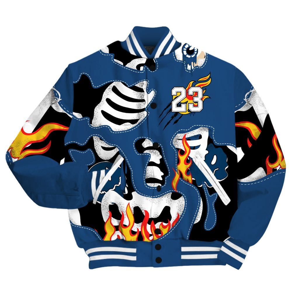 Varsity Jacket To Match High OG Midnight Navy 1s - Skeleton Smile Flame Drip All Over Print