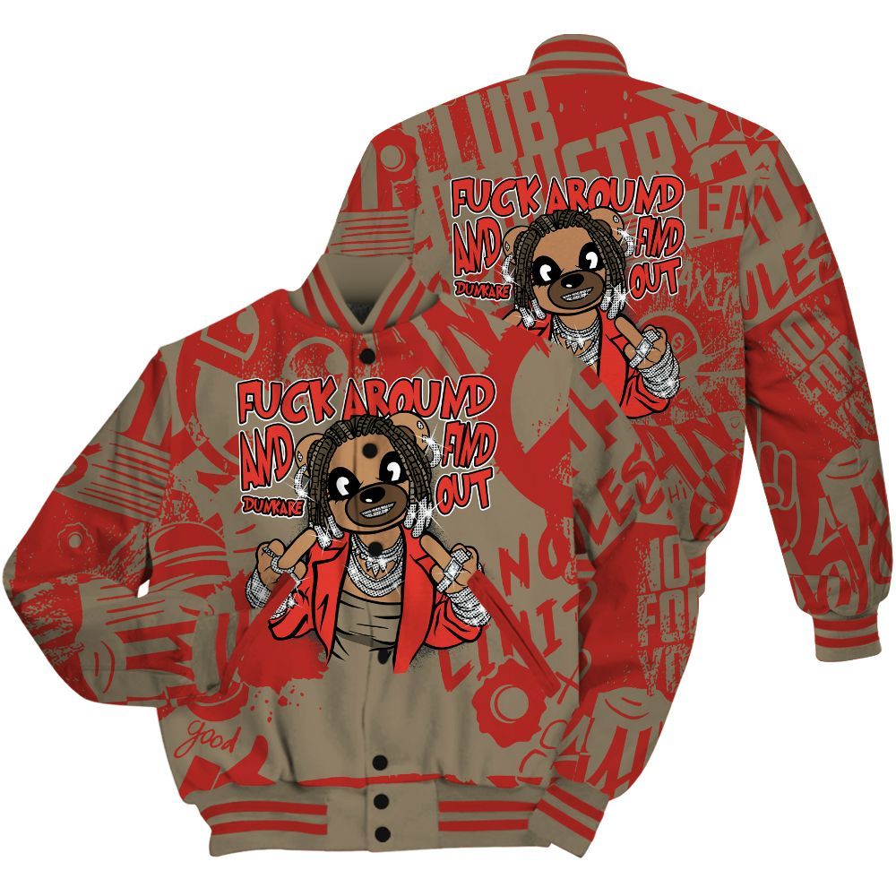 Varsity Jacket To Match Olive 9s Shirt - F#ck Around Bear Bear Monogram Graffiti All Over Print