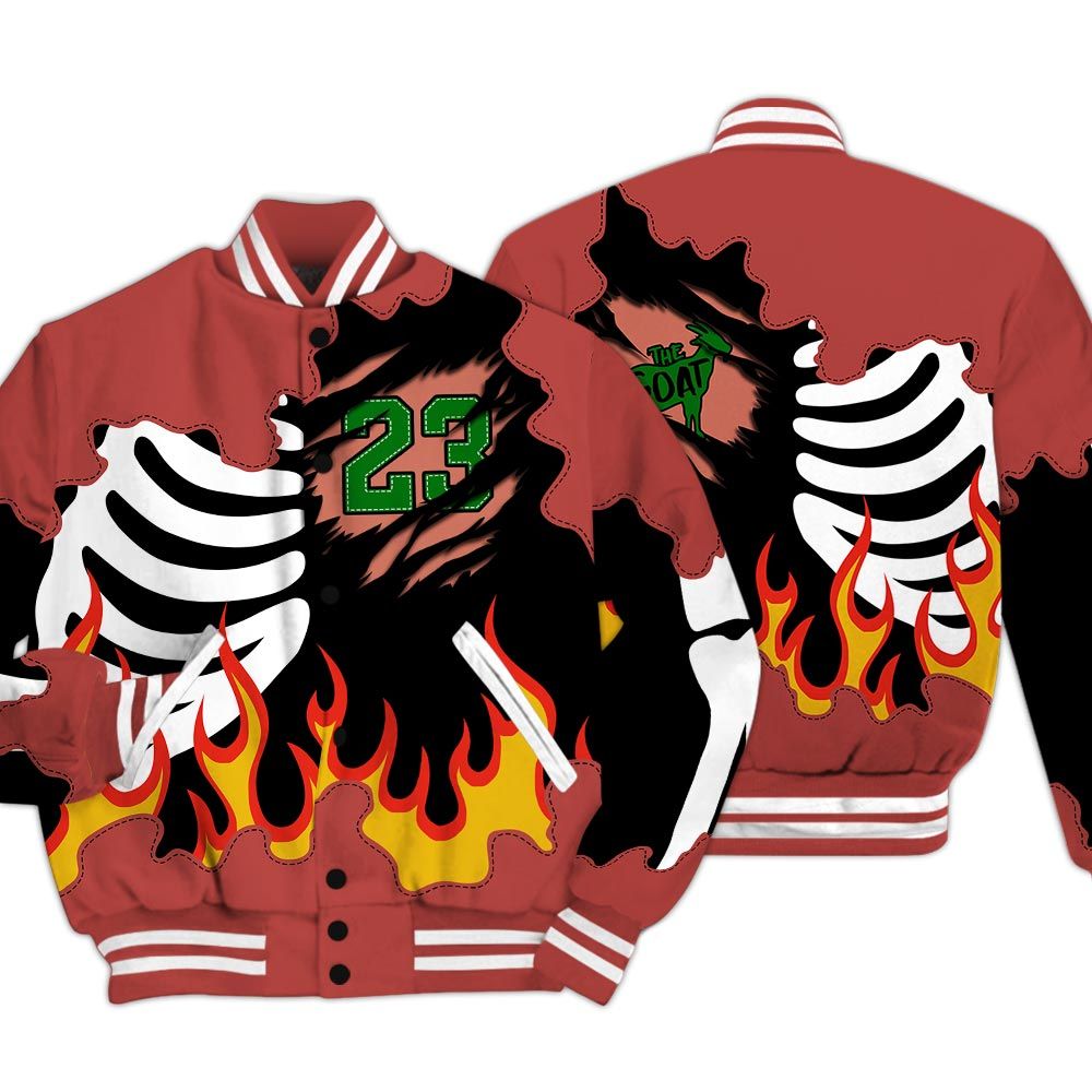 Varsity Jacket To Match Dune Red 13s - Burning Skeleton 23 G.O.A.T Baseball Varsity Jacket Outfit