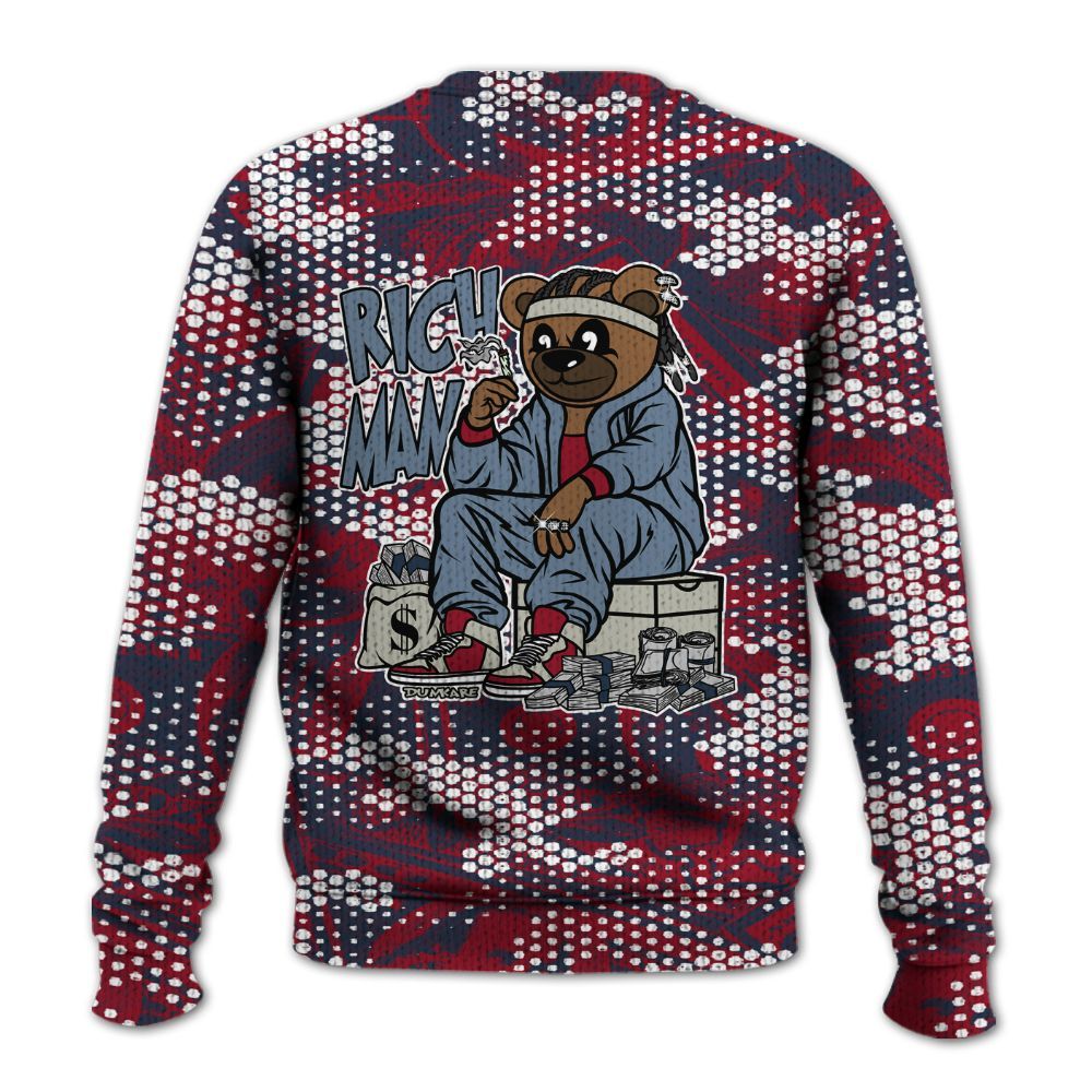 Knitted Sweater To Match Navy Blue 2024 6s - Rich Man Bear Banknotes Art