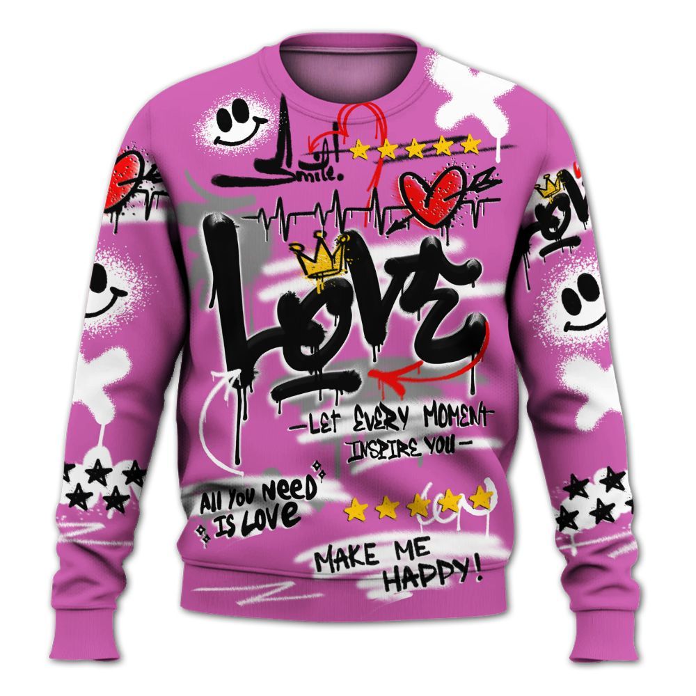 Sweatshirt To Match Hyper Violet 4s - Happy Love Beats Graffiti Streetwear All Over Print