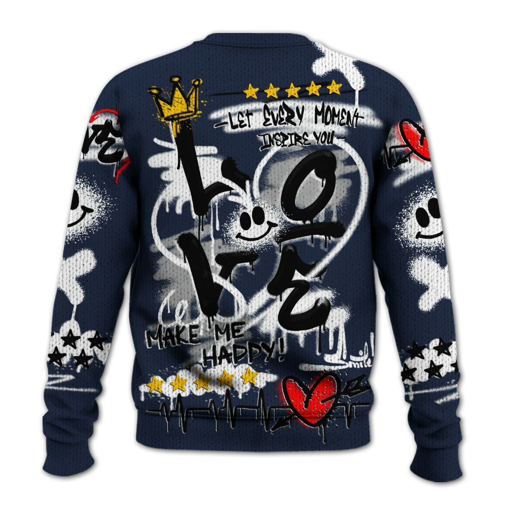 Knitted Sweater To Match Dunk Low White Midnight Navy - Happy Love Beats Graffiti Streetwear