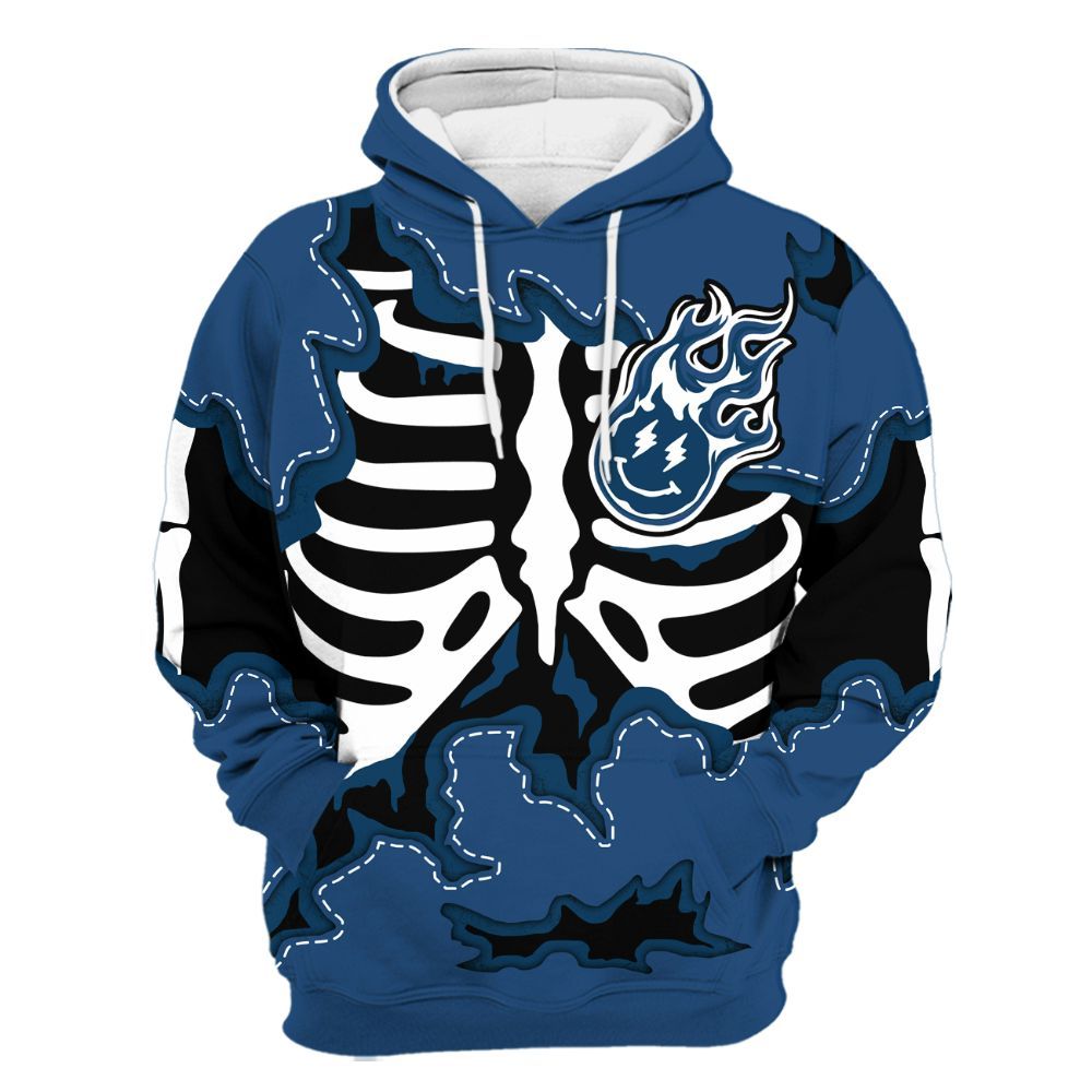 Hoodie To Match High OG Midnight Navy 1s - Skeleton Smiley Face All Over Print