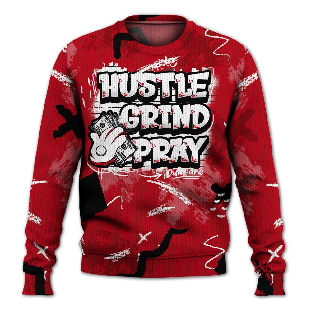 Knitted Sweater To Match Bred Velvet 11s - Hustle Grind Pray Graphic Street Style