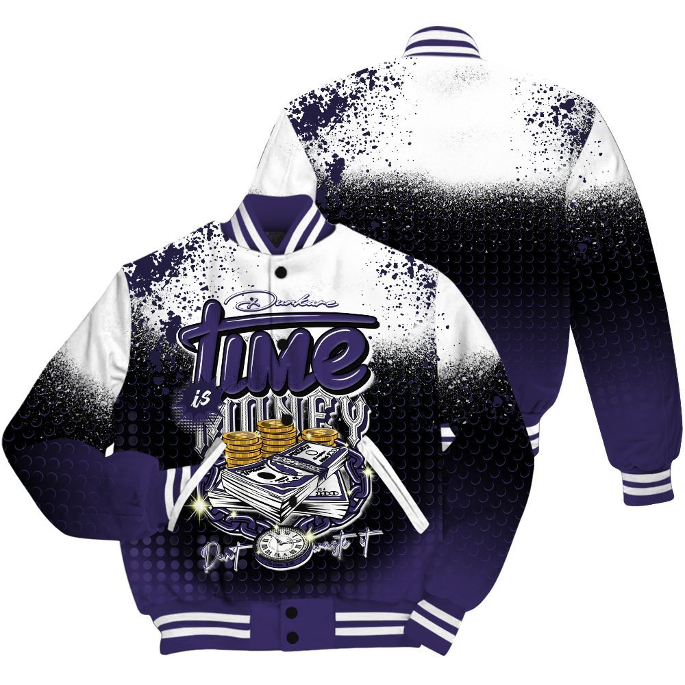 Varsity Jacket To Match Retro Court Purple 13s Shirt, Halftone Time Is Money All Over Print