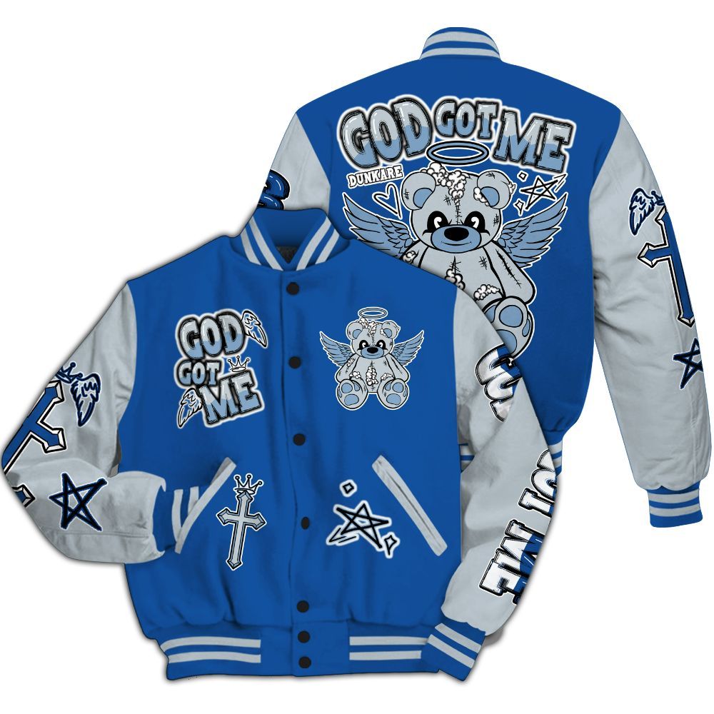 Varsity Jacket To Match Low Space Royal 11s - Gods Guides Me Bear All Over Print