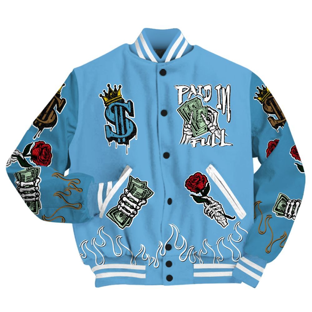 Varsity Jacket To Match SB Dunk Low University Blue - Fire Everybody Paid In All Over Print