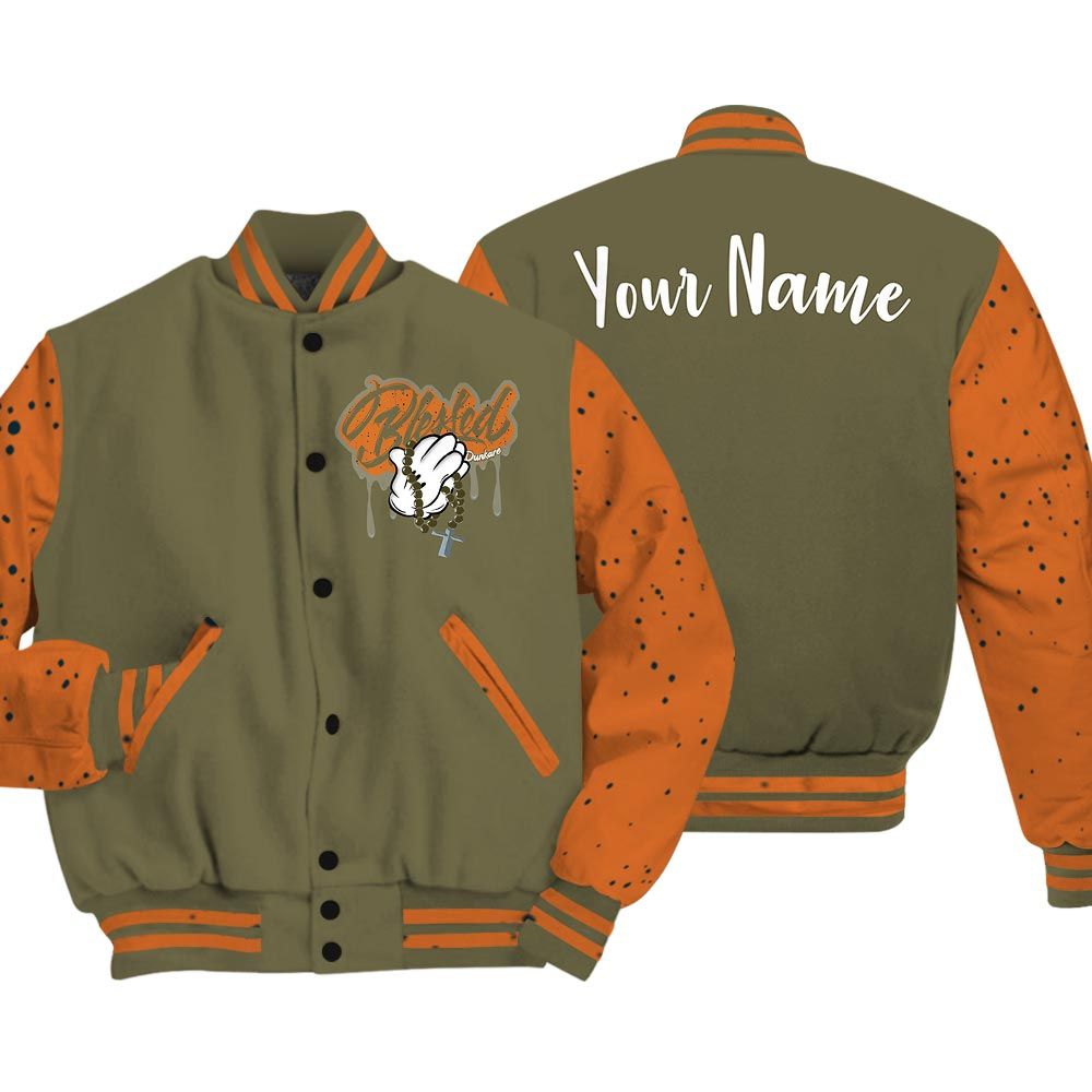 Varsity Jacket To Match Varsity Streetwear Custom Name God Blessed Drip, Olive 5s T-Shirt, To Match Sneaker Olive 5s Baseball Varsity Jacket 1704 NCT