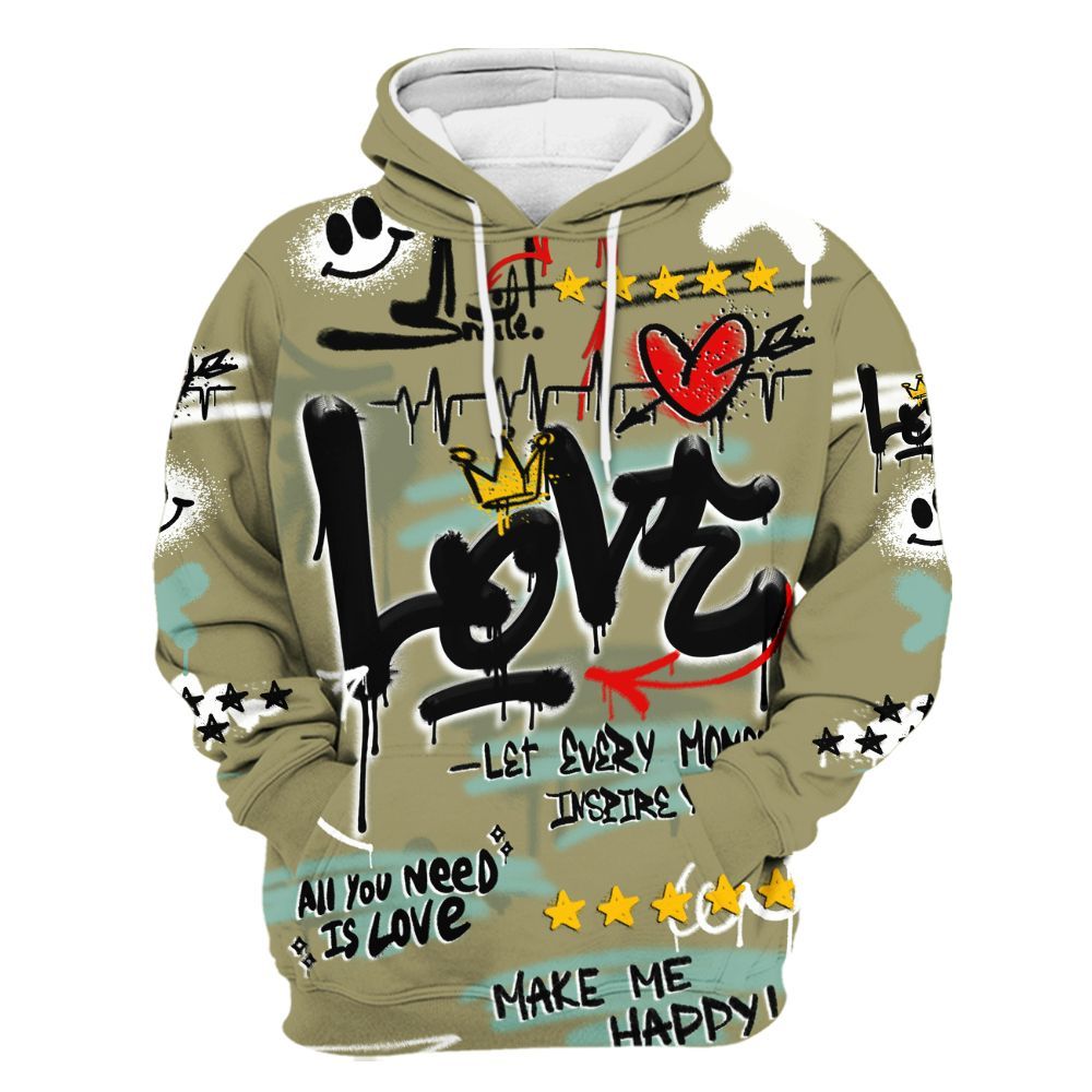 Hoodie To Match Dunk Low Suede Olive Aura - Happy Love Beats Graffiti Streetwear All Over Print