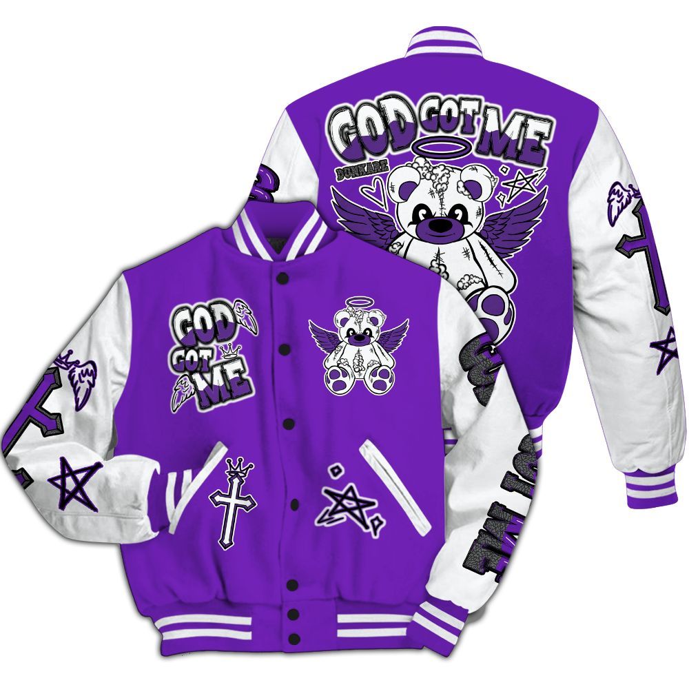 Varsity Jacket To Match Retro Dark Iris 3s - Gods Guides Me Bear All Over Print