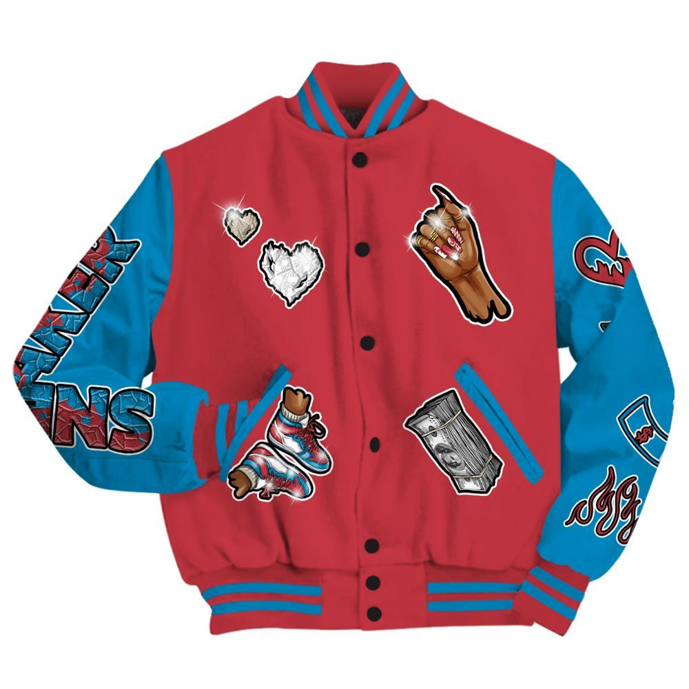 Varsity Jacket To Match High OG University Red Dark Powder Blue 1s - Sneakerz Girlz All Over Print