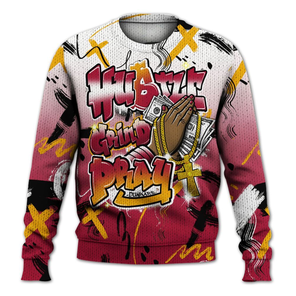 Knitted Sweater To Match Cardinal 7s - Money Hustle Grind Pray