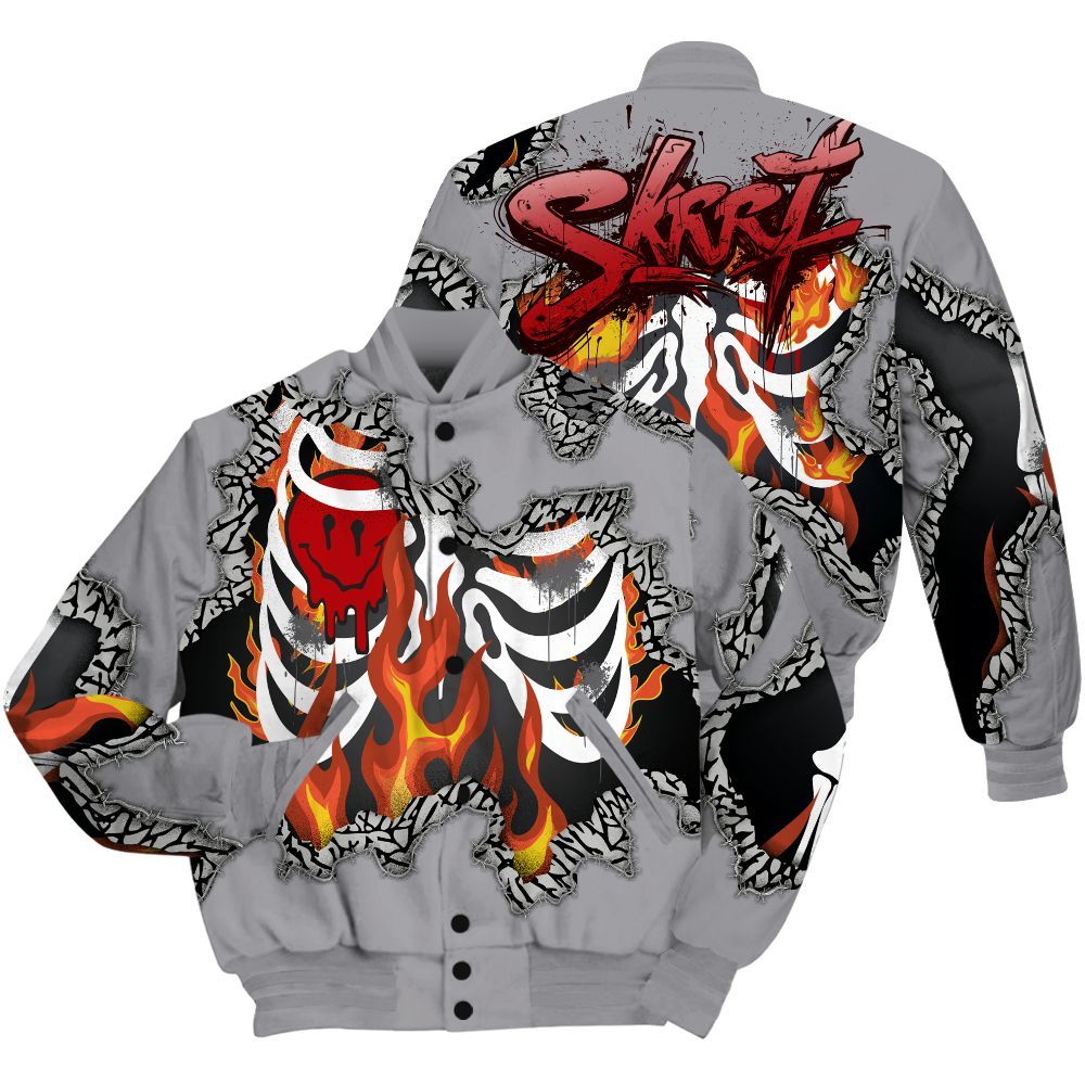 Varsity Jacket To Match Cement Grey 3s Shirt, Skeleton On Fire Skrrt All Over Print