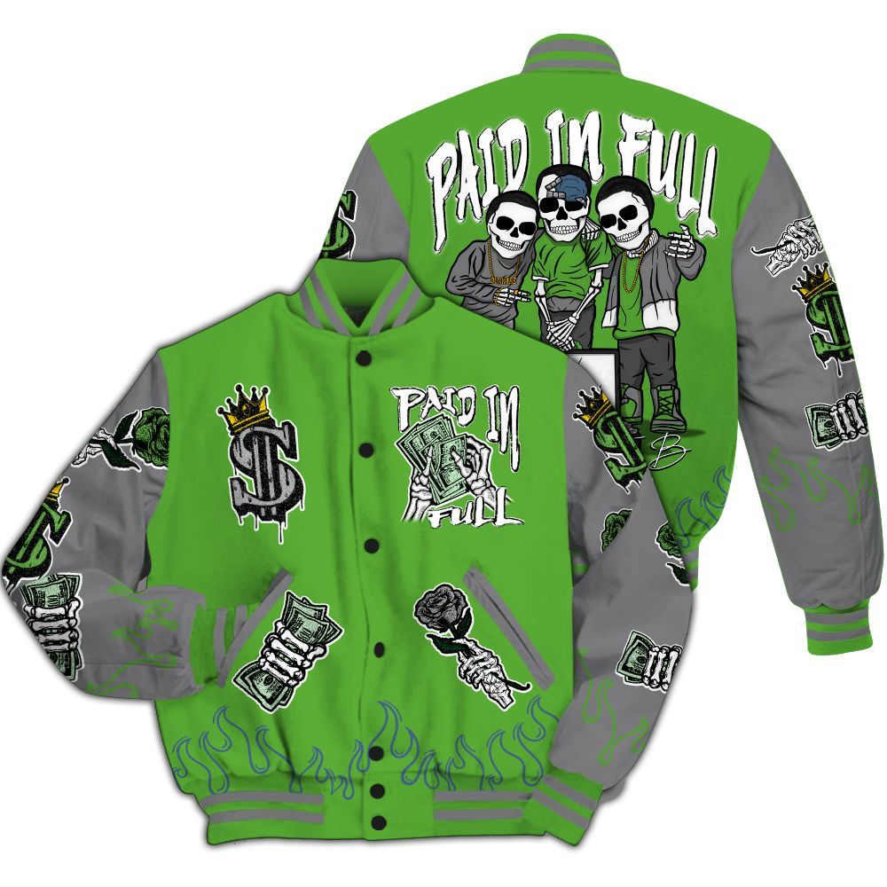 Varsity Jacket To Match Retro Green Bean 5s - Fire Everybody Paid In All Over Print