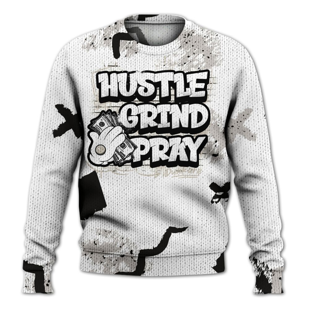 Knitted Sweater To Match Retro Reverse Metallic 5s - Hustle Grind Pray Graphic Street Style