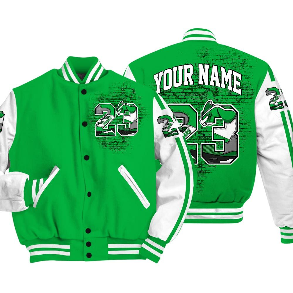Varsity Jacket To Match Varsity Custom Name Number 23 5s, Lucky Green 5s Baseball - To Match Sneaker Lucky Green 5s Graphic Tee 1904 HDT