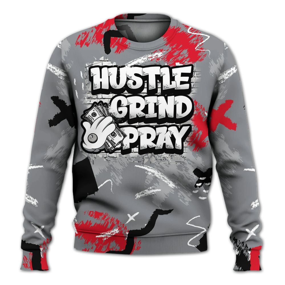 Sweatshirt To Match Black Cement 3s - Hustle Grind Pray Graphic Street Style All Over Print
