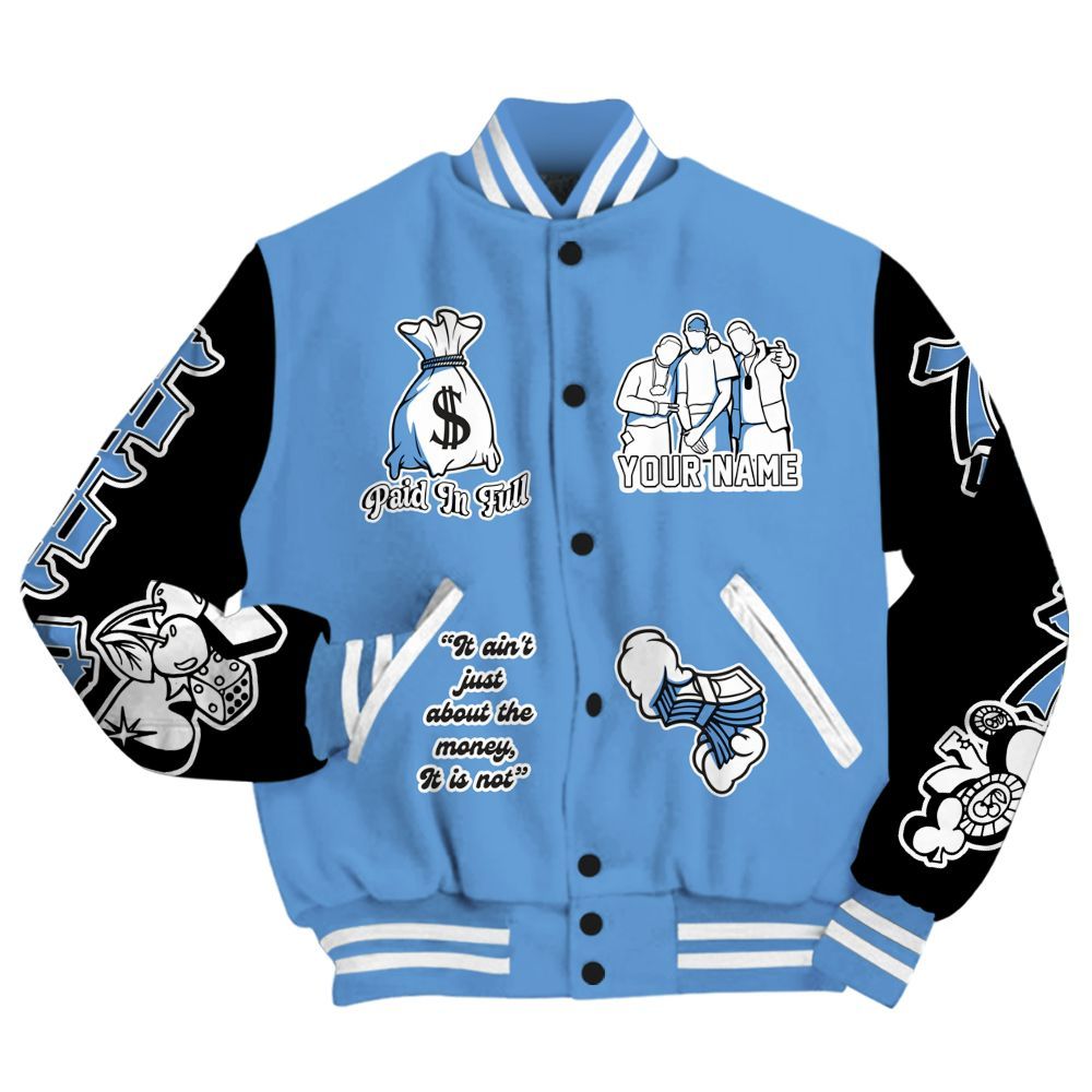 Varsity Jacket To Match Black University Blue 5s - Paid In Full Baseball Varsity Jacket Custom Name All Over Print